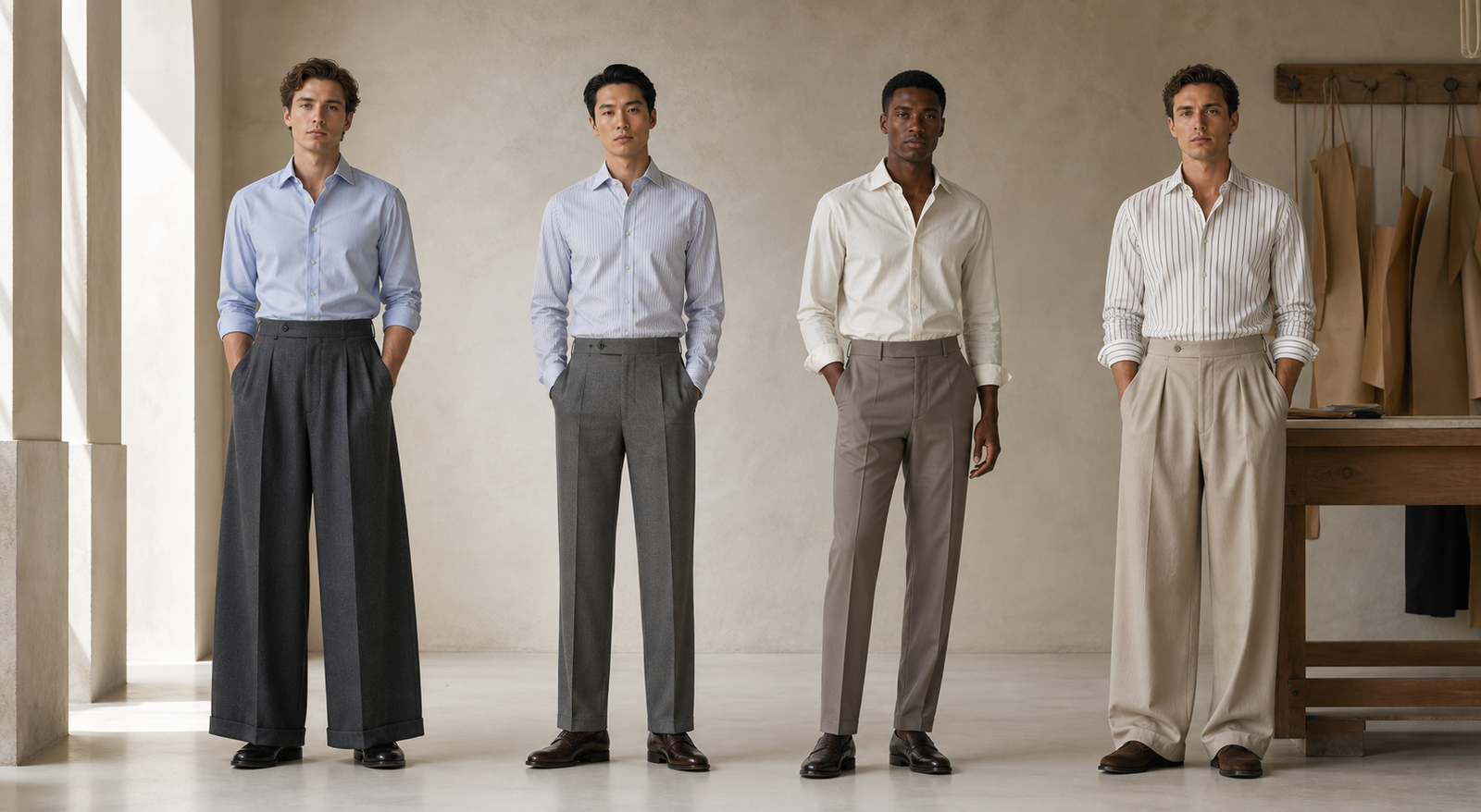 Four men wearing different bespoke trouser fits